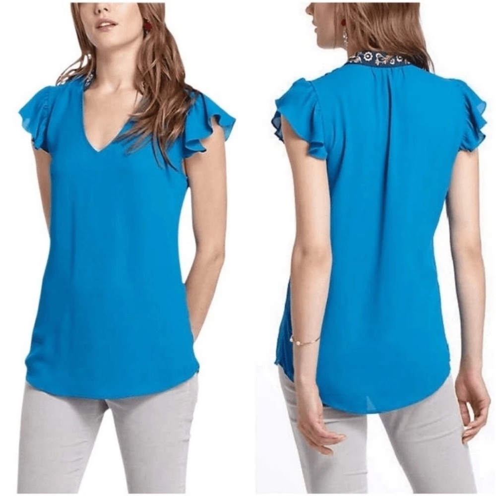HD In Paris ANTHROPOLOGIE Blue Floral Embroidered Collar Flutter Sleeve Top 2